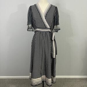 Luxury Mulberry Silk Blend Houndstooth Midi Dress - Size M